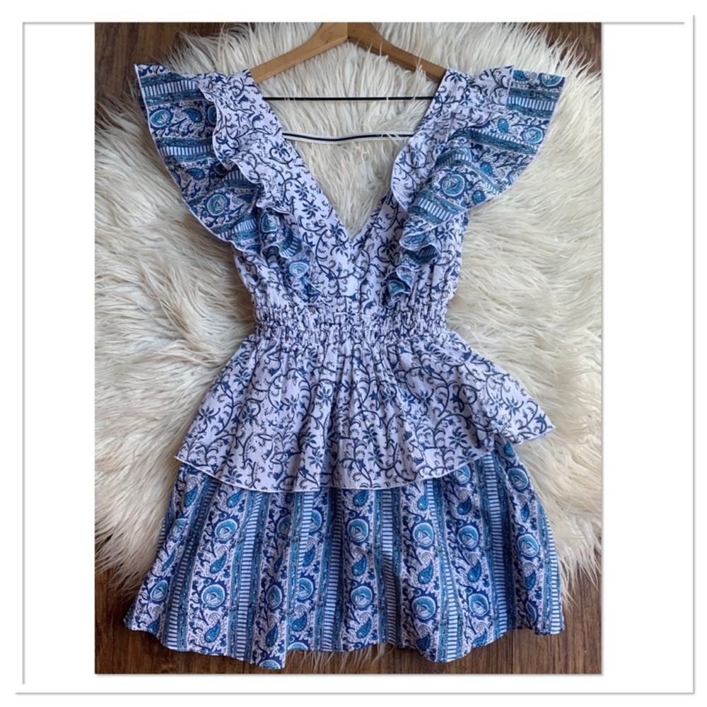 Playa Lucila Ruffle Cotton Mini Dress Blue White Floral Size Extra Small